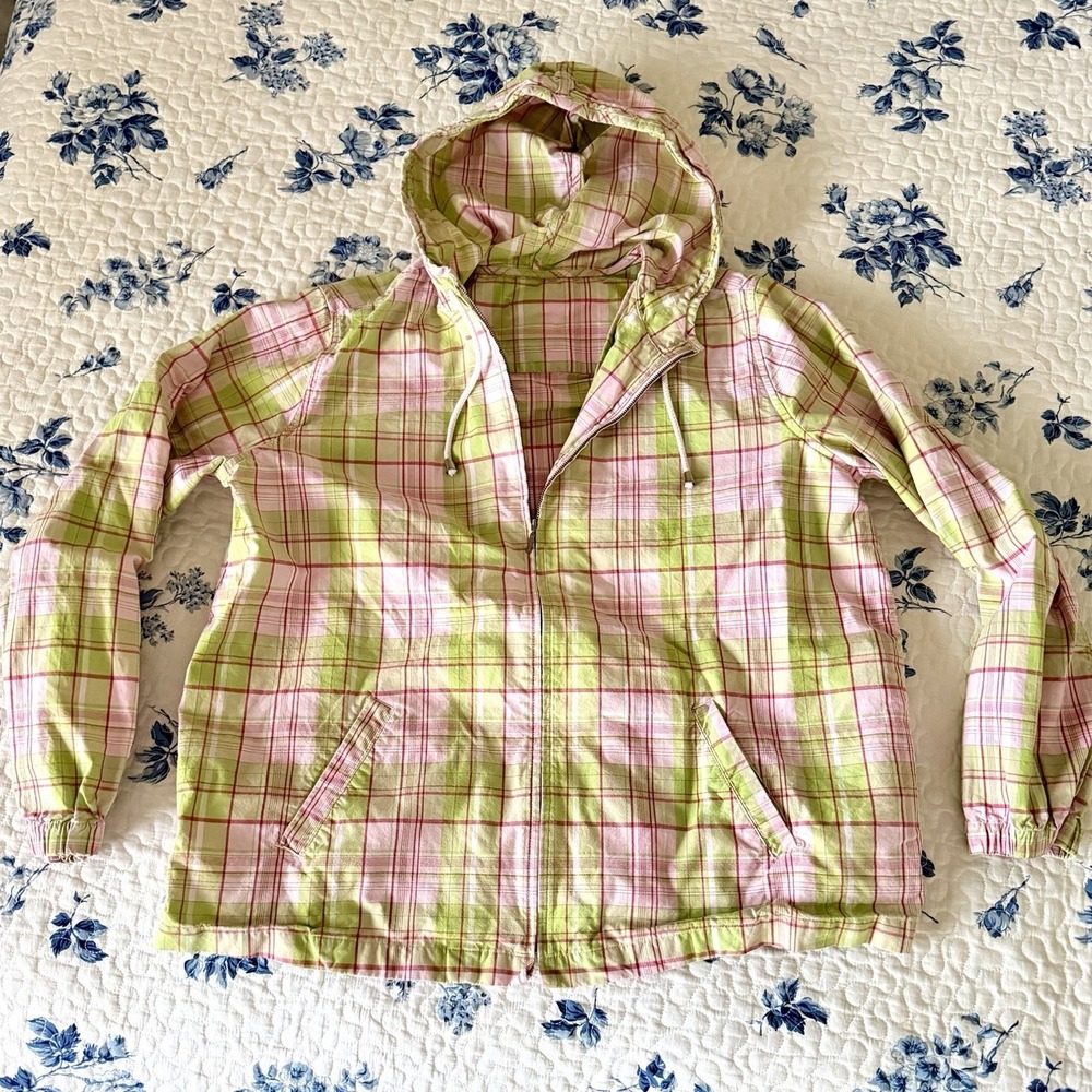 Women's 90's Vintage Plaid Hoodie Jacket Sz M/L Zip Up Lightweight Green Pink - Picture 3 of 6